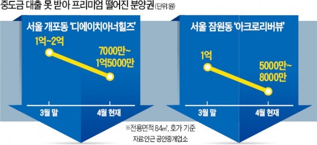 중도금 '셀프 조달' 강남, 분양권 웃돈 뚝·뚝·뚝