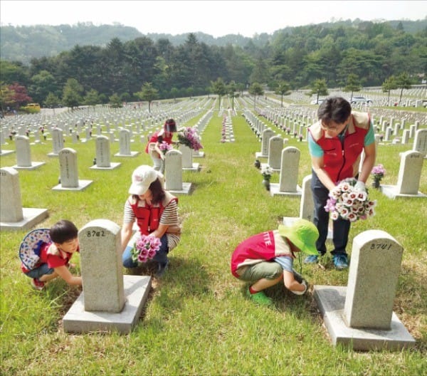 롯데건설 직원들이 국립현충원을 방문해 묘역 단장 봉사활동을 하고 있다. 롯데건설 제공
 