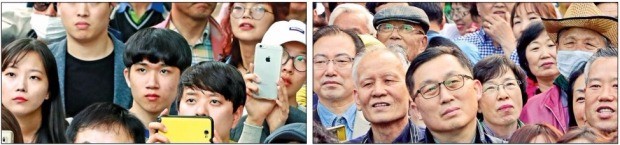 < 2030·5060의 선택은… > 지난 4일 대구에서 20~30대 유권자들이 대선후보의 유세를 스마트폰으로 촬영하고 있다(왼쪽). 50~60대 유권자들이 지난 6일 광주 충장로 거리 유세를 지켜보고 있다(오른쪽). 연합뉴스
