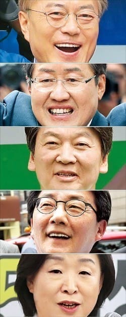 위부터 문재인·홍준표·안철수·유승민·심상정 후보(기호순). / 사진=한경DB