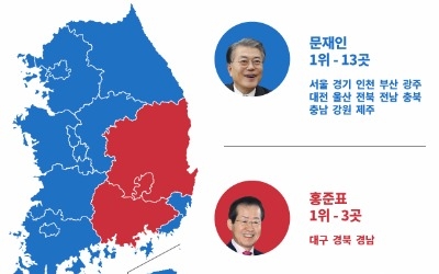 [인포그래픽] 전국 13대 3…문재인 13곳 · 홍준표 3곳 '1위'