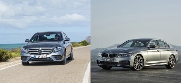 메르세데스벤츠 E클래스(왼쪽)와 BMW 신형 5시리즈 / 사진=각사