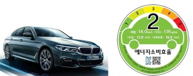 올해 2월 한국에너지공단에 등록된 BMW 520d 복합 연비는 14.0㎞/L다. (사진 출처=에너지공단)