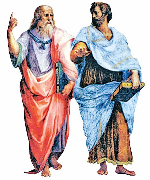 왼쪽이 플라톤, 오른쪽이 아리스토텔레스. 이데아 즉 본질은 지상이 아니라 하늘에 있다는 듯 플라톤은 하늘을 가리킨다.