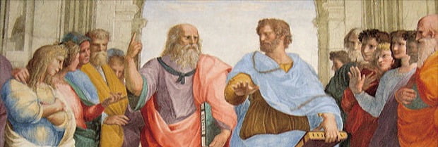 라파엘로의 ‘아테네 학당’이라는 그림 속에 있는 아리스토텔레스(오른쪽)와 플라톤. 아리스토텔레스는 현실을 중시한다는 의미에서 땅을, 플라톤은 이상을 뜻하는 하늘을 가르킨다. 