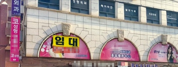 서울 강남구 압구정역 인근 한 건물에 성형외과 임대 광고가 걸려있다. 임락근 기자 