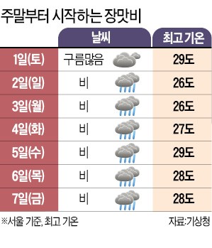 '지각 장마' 주말 전국 비…중부는 2일 시간당 30㎜ 이상 강한 비