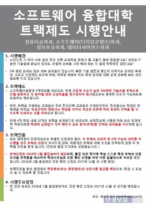 세종대 소프트웨어융합대학은 4학과(컴퓨터공학과, 정보보호학과, 소프트웨어학과, 데이터사이언스학과)의 전공 수업을 자유롭게 들을 수
 있는 '트랙제도'를 2학기부터 시행한다. / 사진=세종대 제공.