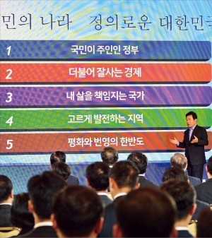 김진표 국정기획자문위원장이 19일 청와대 영빈관에서 열린 국정과제 보고대회에서 ‘국정운영 5개년 계획’을 발표하고 있다. 허문찬 기자 sweat@hankyung.com 