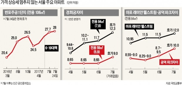 6·19대책 한달새 반포 아파트 1억 이상 올라…강남발 집값 급등, 강북 찍고 신도시로 확산