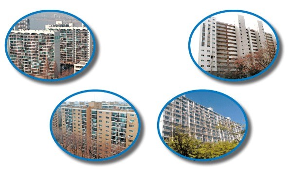 왼쪽부터 송파 장미아파트, 압구정 현대아파트, 명일동 우성아파트, 고덕주공9단지. 