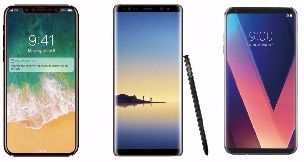 아이폰8 예상이미지(왼쪽부터), 갤럭시노트8, LG V30 예상이미지