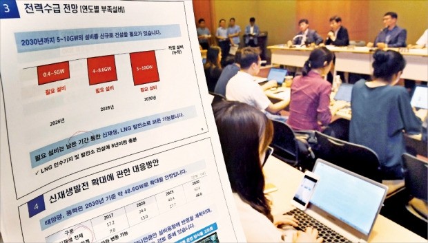 < 속도 내는 脫원전 > 전력정책심의위원회 위원들이 11일 서울 삼성동 코엑스에서 발전설비 예비율 적정 기준을 22%에서 최대 2%포인트 낮추는 방안을 담은 8차 전력수급 기본계획(2017~2031년) 초안을 논의하고 있다. 김범준 기자 bjk07@hankyung.com