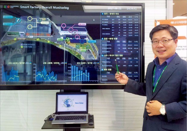 오동훈 신성이엔지 상무가 작업 상황과 태양광에너지 생산 현황 등을 한눈에 확인할 수 있는 스마트공장 모니터링 화면을 보여주고 있다.  조아란 기자 