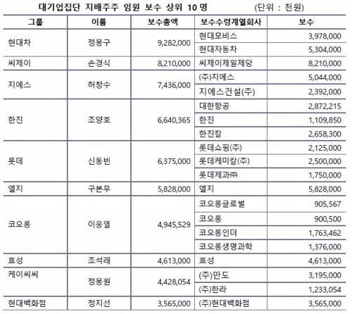 최고 보수 대기업 지배주주는 정몽구 회장