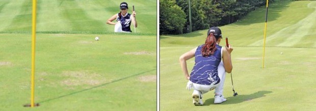 그린의 경사를 정확하게 읽으려면 왼쪽 사진처럼 그린보다 낮은 곳에서 경사를 읽어야 한다. 오른쪽 사진처럼 공 반대쪽으로 이동해 경사를 확인하는 것도 도움이 된다. 용인=최진석 기자 

