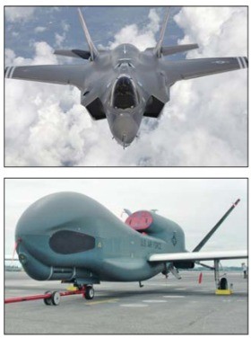 스텔스 기능을 갖춘 ‘F-35’(위 사진)와 무인정찰기 ‘글로벌호크’.