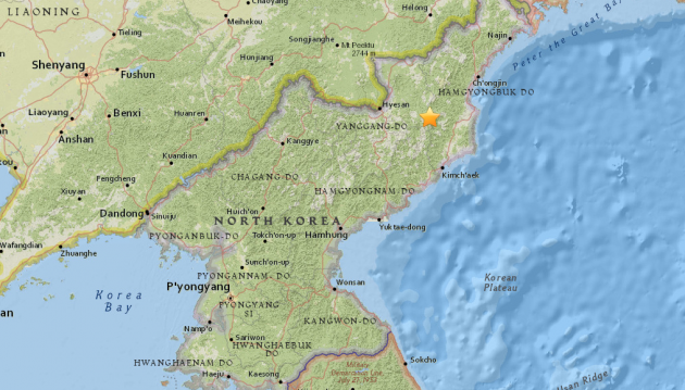 북한 핵실험장이 위치한 풍계리 인근 지진 발생지를 표시한
 지도 출처= USMG