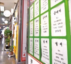 정부의 8·2 부동산 대책이 발표된 지 한 달을 앞둔 8월31일 서울 송파구 트라지움아파트 단지 상가 내 한 부동산중개업소에 급매물이 붙어 있다.  한경DB 