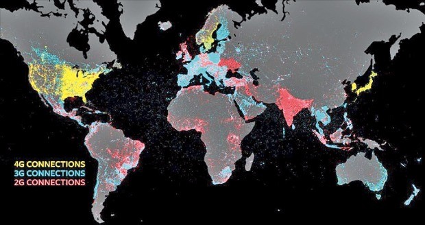 전 세계 이동통신망을 쓸 수 있는 지역을 표시한 지도. 지구의 대부분 지역에서 인터넷 접속이 불가능하다.페이스북  제공
 