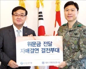 왕태욱 신한은행 부행장(왼쪽)이 지난해 말 ‘1사1병영’ 자매결연을 맺은 육군 20기계화보병사단을 방문해 강인순 사단장에게 위문금을 전달했다.   