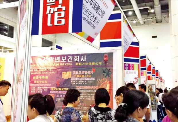 지난해 7월15일 중국 랴오닝성 다롄에서 북한·중국·러시아 3개국이 참가한 국제전자상거래 및 산업제품박람회가 열렸다. 박람회에 참가한 북한 기업의 전시부스 모습.  /한경DB