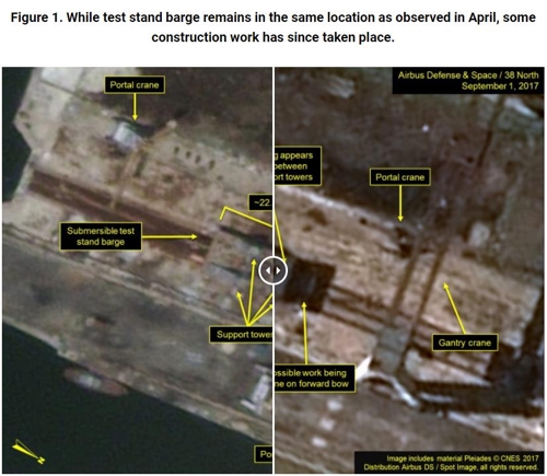 38노스 "북, 남포조선소 바지선서 SLBM 준비 움직임 계속"