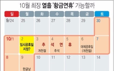 10월2일 '임시공휴일' 지정안 오늘 국무회의 상정