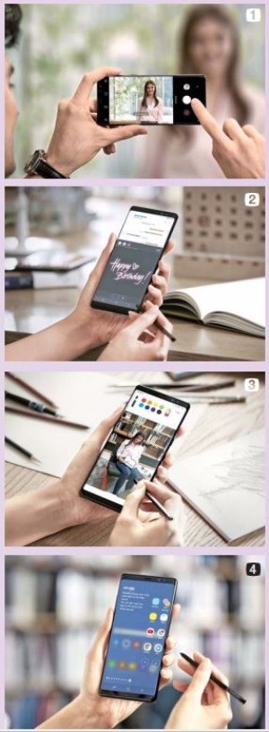 (1) 갤럭시노트8의 듀얼 카메라를 통해 배경 흐림을 자유롭게 조절하는 ‘라이브 포커스’ 기능.
(2) 갤럭시노트8의 S펜을 이용해 움직이는 이미지를 만드는 ‘라이브 메시지’ 기능.
(3) 갤럭시노트8의 S펜으로 사진 위에 그림을 그리고 있다.
(4) 두 개의 앱(응용프로그램)을 동시에 쓸 수 있는 갤럭시노트8의 ‘앱 페어’ 기능.