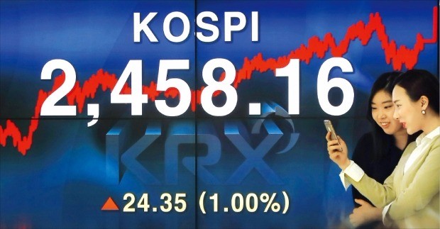 코스피지수가 11일 약 두 달 반 만에 사상 최고치를 경신하자 서울 여의도 한국거래소 직원들이 시세전광판 앞에서 지수를 확인하며 활짝 웃고 있다. 이날 코스피지수는 24.35포인트(1.00%) 오른 2458.16에 장을 마쳐 4거래일 연속 올랐다. 연합뉴스