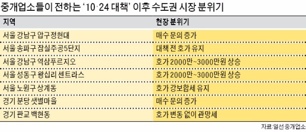 '10·24 가계부채 대책' 첫날 반응… 강남권 호가 강보합세, 매수 문의도 늘어