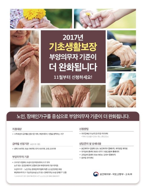 11월부터 저소득 노인·중증 장애인 가족 부양부담 사라진다