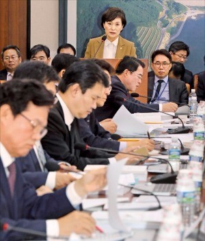 3일 열린 국회 국토교통위원회 전체회의에서 김현미 국토교통부 장관(뒷줄 연단 앞)이 국토위 소속 의원들에게 내년도 예산안 및 기금운용계획안을 설명하고 있다. 연합뉴스