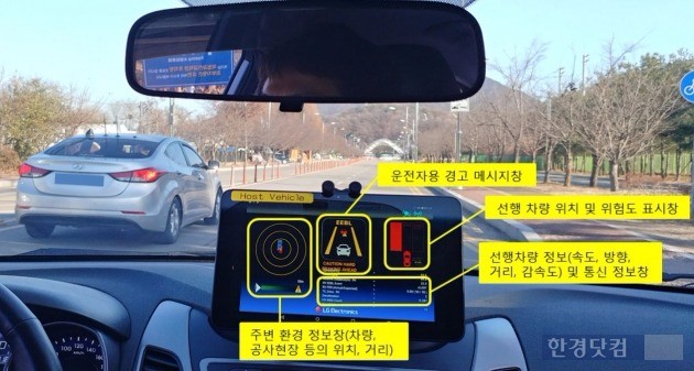 경기 과천시 일반도로에서 LG전자가 자체 개발한 V2X 안전기술 중 하나인 '선행차량 급제동 경고'를 시연하는 모습. 선행차량이 급제동을 하자 이를 실시간으로 전달받은 후행차량에 상세한 관련 정보와 함께 경고가 울리고 있다. (자료 LG전자)