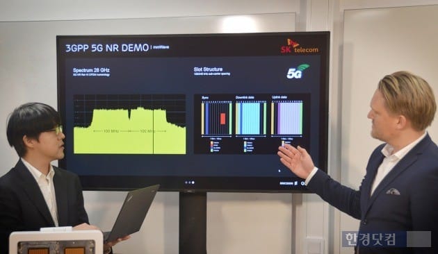 SK텔레콤과 에릭슨 연구원들이 스웨덴 스톡홀름 에릭슨 본사에서 5G 표준 규격 기반 기지국, 단말 등을 활용해 ▲5G 초고속 데이터 통신 ▲반응속도 0.001초 이내 초저지연 데이터 전송 등 핵심 기술을 시연하고 있다./사진=SK텔레콤