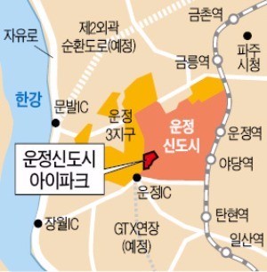 현대산업개발이 이달 경기 파주 운정신도시에서 분양할 예정인 ‘운정신도시 아이파크’의 위치도. 현대산업개발 제공