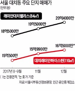 서울 대치동 래미안대치팰리스 전용 84㎡ 매매가격이 지난달 말 교육제도 변경 이후 20억원을 넘어섰다.  한경DB 