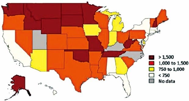미국 ‘샌디훅 사건’ 이후 총기 판매량 *인구 10만명당 판매량.*빨간색일수록 총기판매량이 많은 지역. 