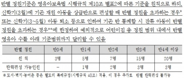 '2018년 보육사업 안내' 중 반별 정원 탄력편성 부분. 밑줄 친 내용이 강화된 제한 규정이다. / 출처=복지부 제공