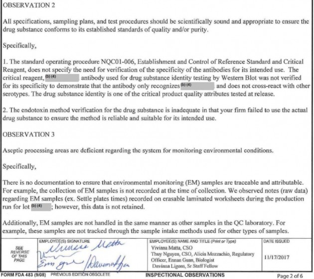 FDA의 대웅제약 나보타 공장 실사 결과 내용 중 일부. 출처-FDA 홈페이지