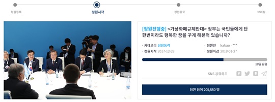 가상화페 규제 반대 청원 20만 돌파 (사진=청와대 홈페이지)