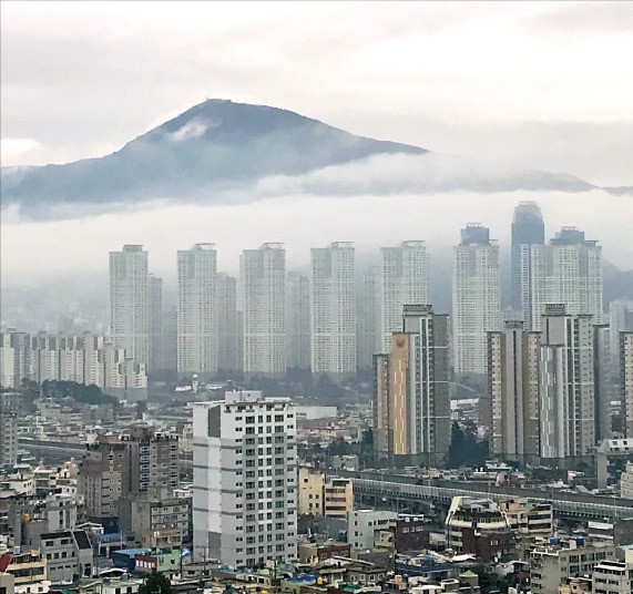 안개에 뒤덮인 부산 시내