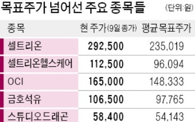 목표가 훌쩍 넘은 셀트리온·OCI 주가… 애널리스트들 '난감하네'