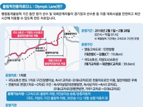 평창대비 2월 한달 '올림픽 전용차로' 운용… 약 60㎞구간 1차로