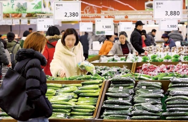 < “장보기 겁나요” > 한파에 농수산물 가격이 급등하고, 재료비와 인건비 부담이 커진 외식업체들이 가격을 올리면서 물가에 비상이 걸렸다. 한 달 새 풋고추와 오이는 두 배 수준으로 올랐다. 28일 서울의 한 대형마트에서 소비자들이 채소를 고르고 있다. /김범준 기자 bjk07@hankyung.com