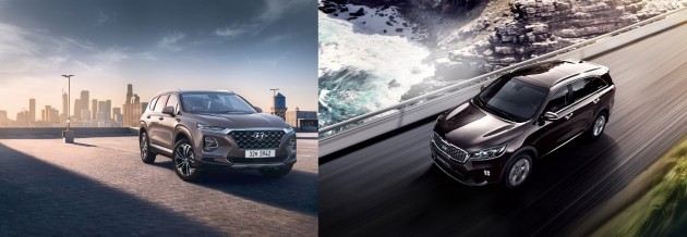 현대자동차의 ‘신형 싼타페’와 기아자동차 ‘더 뉴 쏘렌토’(왼쪽부터) / 사진=현대·기아차