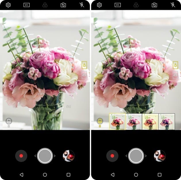  2018년형 LG V30로 꽃을 비추자(좌), 꽃에 최적화된 화질 알고리즘을 추천(우)해주는 장면.