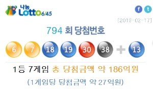 794회 나눔로또 1등 당첨번호. / 출처=나눔로또 홈페이지 화면 갈무리