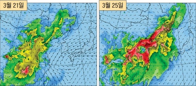 중국 동부에서 발생한 초미세먼지(PM 2.5)가 지난 24일께 한반도로 대거 유입됐다. 대기질이 좋았던 21일(왼쪽)과 대조적으로 25일 한반도는 초미세먼지로 뒤덮였다. 빨간색에 가까울수록 미세먼지 농도가 짙으며 화살표는 대기 흐름의 방향을 나타낸다. 한국환경공단