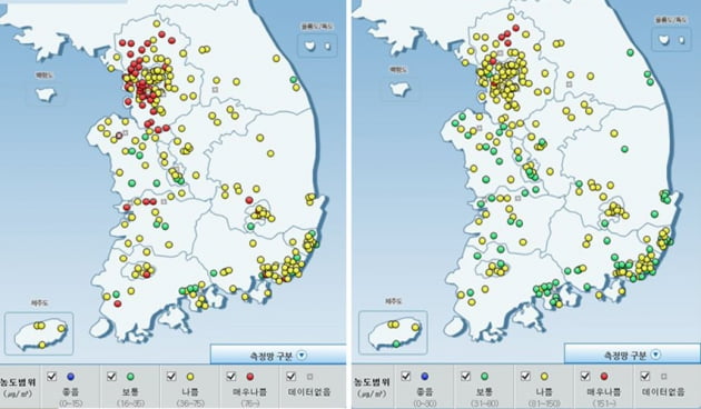27일 오전 전국 초미세먼지(왼)·미세먼지(오) 농도. 에어코리아 캡처 